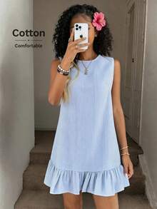 Vestido de muñeca casual de cuello redondo sin mangas con volantes en el bajo para niñas preadolescentes en primavera/verano, vestido de lino tejido a rayas para uso diario y viajes - Azul - Ver 3