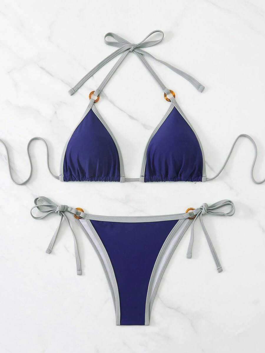 SHEIN Swim Basics 女士夏季沙滩修身露背系带性感比基尼和三角泳裤套装 - 彩色 - 查看 1
