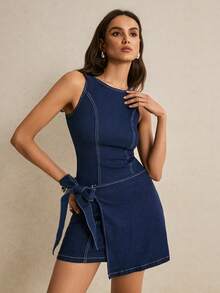 Poéselle Women's Round Neck Side Knot Asymmetric Hem Casual Sleeveless Denim Dress - Blue - View 5