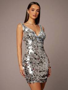 Silquee Women's Square Neck Sexy Glamorous Sequin Backless Elegant Dress - Silver - View 5