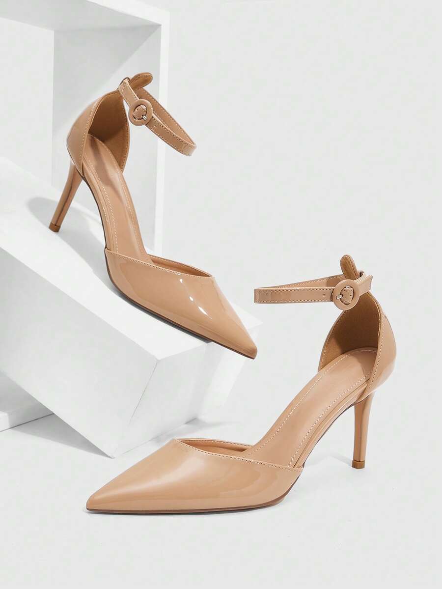 CUCCOO SZL Women Shoes Women's New Simple Fashion High Heel Color Scheme Cloth High Heel Thin Square Heel Ankle Strap Pointed Toe Hollow Low Vamp Sexy Versatile Commuter PU Material Festival Spring Summer Four Seasons Workplace Festival Dating Street Fashion Classic Sandals Elegant Women's Shoes - Apricot - View 1