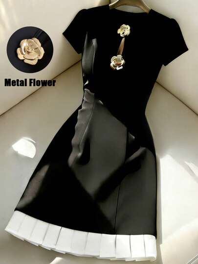 Franclia Women's New Round Neck Short Sleeve Front Button Decor Ruffle Hem Fitted Short Dress Black Dress Elegant Dress Metal Flower Dress Mod Dress Pleated Hem Dress
