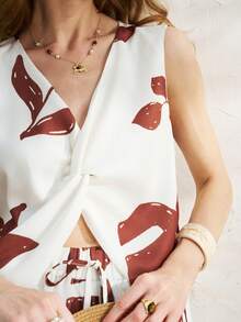 Airaco Spring/Summer New Vintage Printed Sleeveless Shirt Top, Casual Loose Wide Leg Pants, Resort Style - Multicolor - View 7