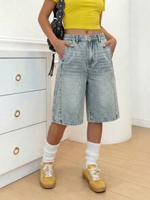 SHEIN Quần short Bermuda denim dáng thường ngày, phong cách đường phố, preppy, màu xanh nhạt, họa tiết chữ thập Gothic, dành cho bé gái tuổi teen, cạp chun, cài nút. - Màu xanh lam - Xem 3