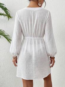 Swim Lushoire 女士夏季沙滩圆领前开襟长袖拼接镂空蕾丝抽绳腰带度假休闲和服连衣裙 - 白色 - 查看 2