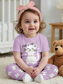Baby Girl Cute Purple Holiday Summer Clothes,Cartoon Animal Cat Print Round Neck Short Sleeve Top And Pants 2pcs Snug Fit Homewear Set,Kids Fashion - Multicolor - View 2