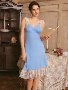 Polka Dot Mesh Splice French Elegant Romantic Ruffle Trim Long Nightgown For Women - Baby Blue - View 6