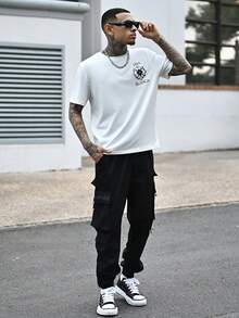 Devon Thys 男士宽松抽绳纯黑色外出工装裤，秋季 - 黑色 - 查看 4