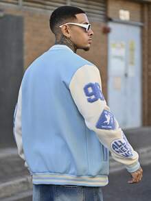 Devon Thys Manfinity Streetrush Men's Patchwork Thermal Lined Baseball Jacket, Long Sleeve Sky Blue Varsity Jacket, Men's Letterman Jacket, Fall Winter - Baby Blue - View 5