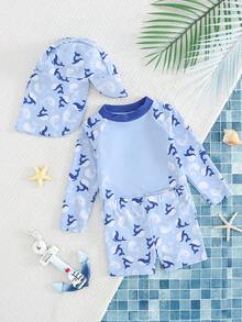 Cozy Pixies 3件套男婴鲨鱼图案针织柔软圆领短袖上衣、松紧腰泳衣和泳帽套装，泳装 - 藍色 - 查看 6