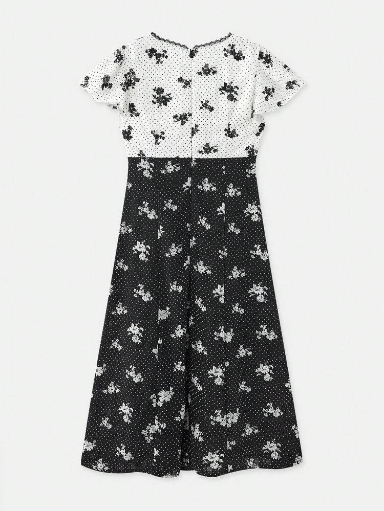 Polka Dot Monochrome Contrast Print Midi Dress With Short Sleeves Vintage Style Chic Spring Summer Vintage Dress Floral Midi Dress Tea Dress French Style Dress Hibiscus Dress Vacation Holiday Dress