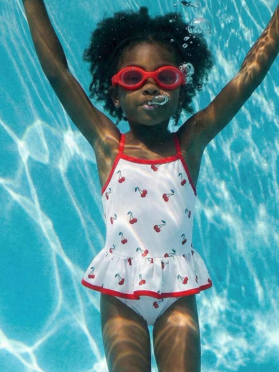 Maija Kids Maija Kids 1件装少女休闲优雅度假修身可爱樱桃印花吊带泳衣，适合泳池、海滩、海边、沙滩派对、春夏季节穿着。