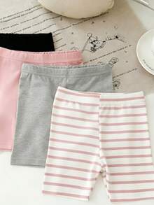 4件套女婴套装（6个月-2-3岁）休闲纯色+粉白条纹印花5分钟速成打底裤，轻盈舒适百搭裤装，适合春、夏、秋季穿着 - 彩色 - 查看 3