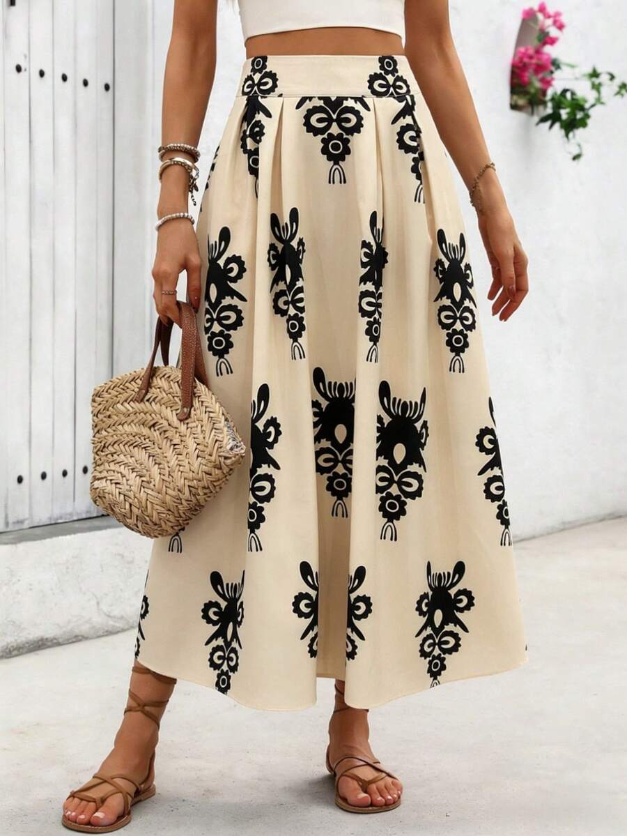 Franclia Falda plisada con estampado todo sobre para mujer, casual de vacaciones y playa, verano - Albaricoque - Ver 1