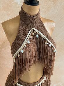 Soleia Women's Sequin Halter Knit Top And Knitted Mini Skirt Set, Summer, Ibiza Style, Holiday Vacation Sexy Festival Celebration, Autumn/Winter Shell 2 Pieces Set - Khaki - View 5