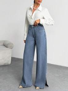 Side Pearl Jean High Rise Wide Leg Side Slit Denim - Light Wash - View 1