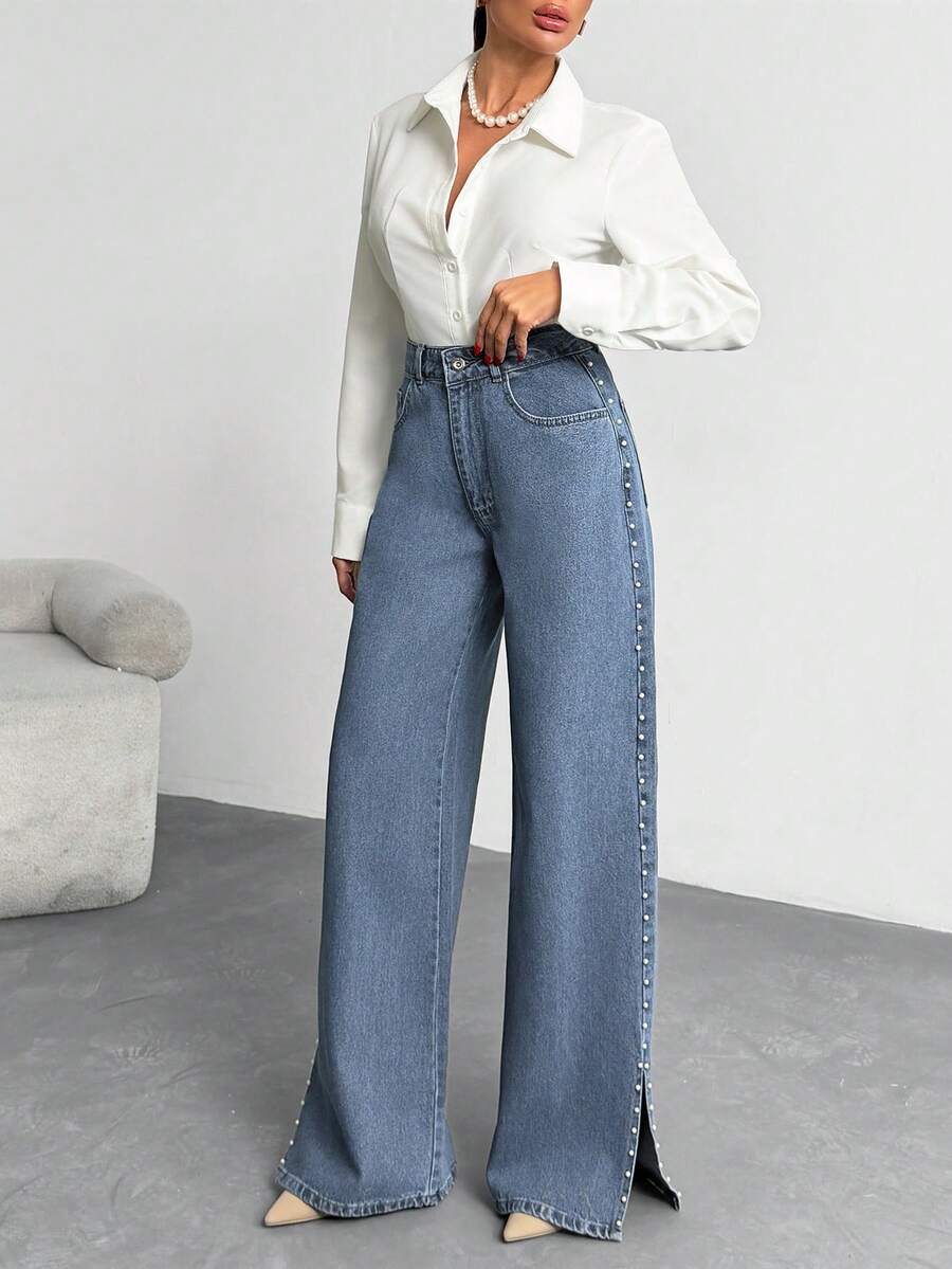 Side Pearl Jean High Rise Wide Leg Side Slit Denim - Light Wash - View 1