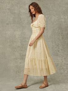 WESTFADE Yellow Elegant Summer Tea Party Twist Front Ruched Short Puff Sleeve Fit & Flare Embroidered Chiffon Midi Dress,Boho Casual Vacation Beach Resort Wear - White - View 4