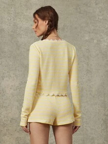 WESTFADE Women's Yellow Summer Casual Loungewear Crochet Lace Scoop Neck Button Front Striped Open Knit Crop Top & Mid Rise Drawstring Relaxed Shorts Sets - Apricot - View 5