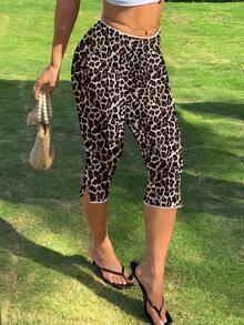 CovetEZ 女士经典豹纹针织弹力七分裤打底裤 - 百搭运动时尚夏季海滩度假装，适合春假、热带海岛婚礼、周年纪念、伴娘派对、约会之夜、婚礼宾客、新娘送礼会、波西米亚音乐节及优雅夏季穿着 - 彩色 - 查看 4