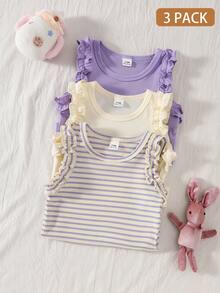 SHEIN Vintaside Kids 3件套女童夏季休闲可爱甜美舒适弹力上衣，包括纯粉色、杏色和条纹荷叶边袖背心，适合居家、度假和日常穿着。 - 紫色 - 查看 1