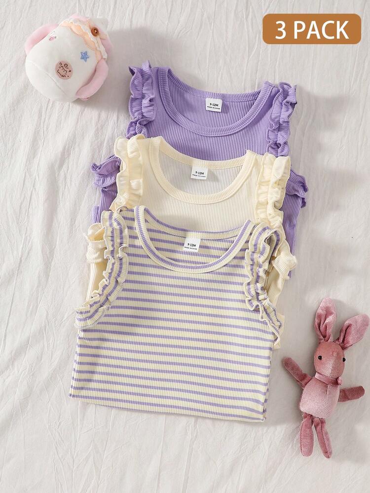 SHEIN Vintaside Kids 3pcs/Set Baby Girls' Summer Casual Cute Sweet Comfortable Elastic Tops, Including Solid Pink, Apricot, And Striped Ruffle Sleeve Vest, Suitable For Home, Vacation, And Daily Wear - Purple - View 1