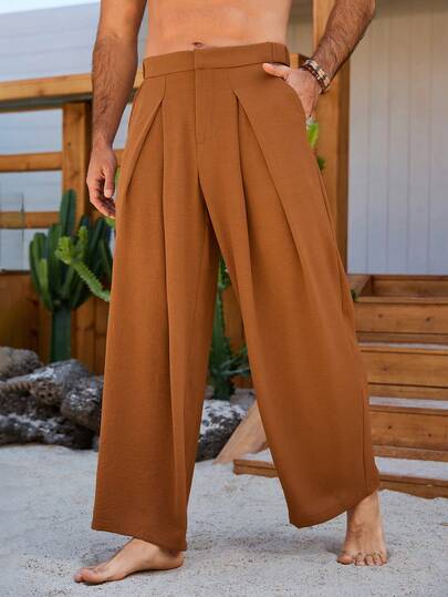 Manfinity RSRT 男士刺绣棕色褶裥优雅休闲裤，适合春夏穿着