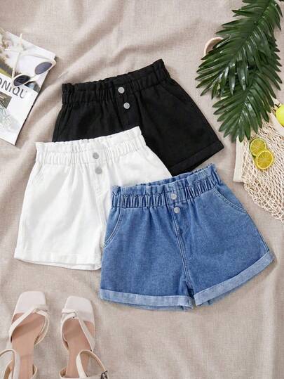 SHEIN Teen Girl Summer Beach Boho Causal 3pcs White,Black,Blue Baggy Baggy Rolled Up Hem Denim Ripped Shorts With Ruffle Button Waist,Summer Vacation Concert Rave Festival Cute Two Pieces,Suitable For Summer Chill, School, Campus, College,Summer Clothes,Suitable For Spring And Summer Boho,Season Vintage//Beach/Sea/Elegant Graduation,Casual,Summer Holiday,Spring Clothes,Beach,Vacation,Valentine Day,Summer Holiday,Beach Vacation Holiday,Graduation