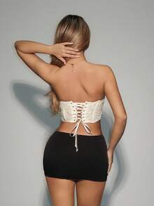 SHEIN ICON Women's Sexy Goth Lace Asymmetric Hem Fashionable Strapless Cropped Sexy Top,Summer,Summer Top - Apricot - View 8