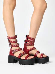 ROMWE Grunge Punk Giày sandal nữ phong cách Goth Rock Punk, hở mũi, quai da, đế cao, gót dày, thích hợp cho mùa hè, đi biển hoặc Halloween. - Đỏ - Xem 3