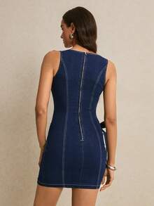 Poéselle Women's Round Neck Side Knot Asymmetric Hem Casual Sleeveless Denim Dress - Blue - View 2