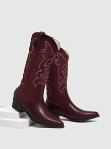 Daringsoles 女士尖头撞色刺绣西部靴，性感休闲套穿式骑马靴 - 酒紅色 - 查看 2