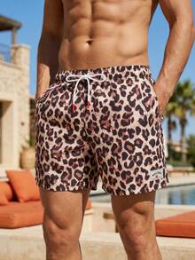 Horizaway 男士夏季度假豹纹抽绳腰带沙滩短裤 - 棕色 - 查看 8