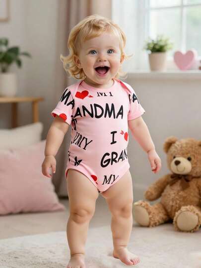 Baby Girls' Pink All-Over Digital Print "I Love Grandma" English Letter Romper, Cute Heart Design, Comfortable For Everyday Wear