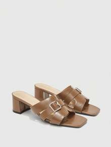 CUCCOO BIZCHIC Women's Light Brown Belt Buckle Cross Belt Thick Heel Mule Shoes, Square Toe Comfortable High Heel Sandals Spring Shoes - Brown - View 7