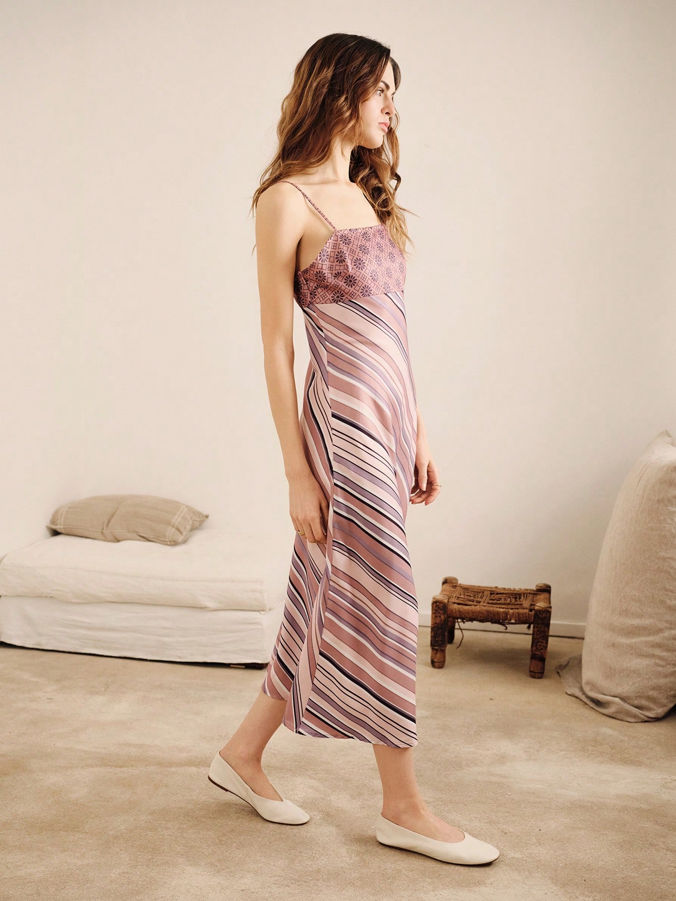 Pink Sleeveless Striped Satin Midi Dress With Prints Match Spring Summer Vacation Stripe Dress Satin Dress Pink Holiday Dress