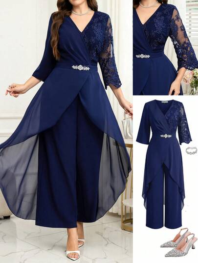 Reflora Mono elegante de pierna ancha con cuello en V, mangas 3/4, parches y bordados de malla para mujer de talla grande