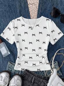 SHEIN Tween Girl White Knit Casual Minimalist Polka Dot Print Ruched Waist Cropped Top, Suitable For Spring/Summer, Casual, Personality Styling, Daily Wear  New Ss26 Fashion - Multicolor - View 4