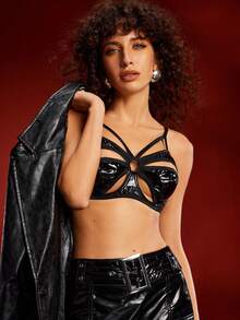 EmpressEnvy Áo ngực nữ bóng bẩy chất liệu PU, cúp 3/4, có gọng, khoét rỗng, họa tiết chắp vá phong cách Punk quyến rũ, thích hợp cho tiệc tùng, quán bar, câu lạc bộ, lễ hội âm nhạc. - màu đen - Xem 7