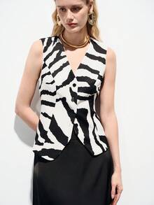 Aveloria Modichic Zebra Print V-Neck Sleeveless Fitted Vest With Solid Black Satin Midi Skirt, Women's Suit Set, Elegant Office & Casual Versatile Animal Print Two Pieces Outfit - Multicolor - View 3
