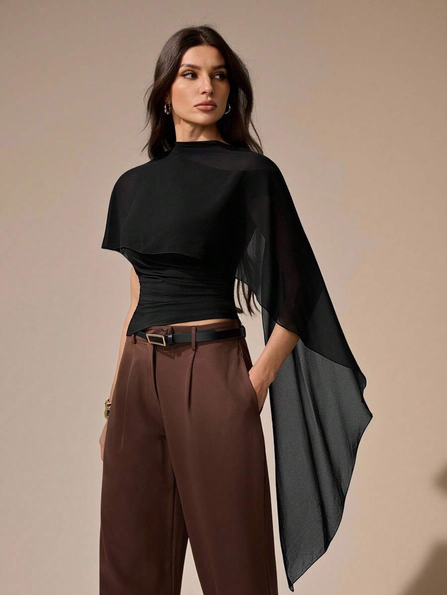 SHEIN Tall Áo len nữ dệt kim cổ nhún bèo bất đối xứng vai, kiểu dáng thanh lịch, thích hợp cho mùa thu/đông, màu đen.