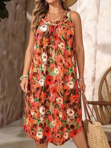 EMERY ROSE Burnt Orange Plus Size Women's Summer Casual Boho Vacation Holiday Floral Print Round Neck Sleeveless Dress,Hawaiian Spring Break Outfits - Hot Pink - View 1