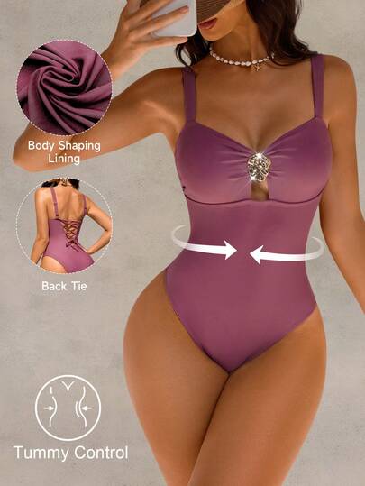 Shapewave Kadınlar için Düz Renk Metal Detaylı Delikli Bağcıklı İnce Askılı Tek Parça Mayo