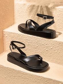 HighSole Giày nữ mùa xuân hè mới, thiết kế khóa cài đôi phía sau, đế dày, kiểu dáng đơn giản, đa năng, thích hợp đi làm, đi mua sắm hàng ngày. - màu đen - Xem 1