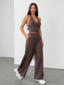 SHEIN PETITE Spring/Summer Office Lady V-Neck Sleeveless Top With Open Back & Wide Leg Pants, Slimming And Lengthening Outfit For Streetwear Brown Two Piece Set Women Striped Two Piece Set - Brown - View 9