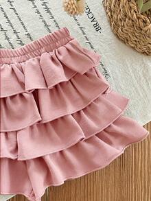SHEIN Babygirl Summer Cute Vacation Casual Versatile Pink Ruffle Elastic Waist Mini Skirt - Pink - View 3