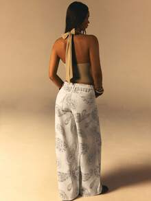 Athîral Quần jeans nữ dáng rộng in họa tiết Paisley phong cách đường phố thường ngày. - Màu be - Xem 2