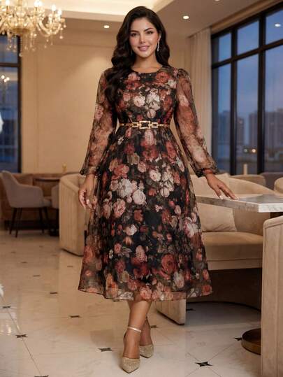 SHEIN Lady CURVE 大码优雅派对花卉印花连衣裙