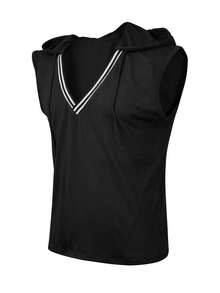 SHEIN 男士V领抽绳连帽背心 - 黑色 - 查看 3