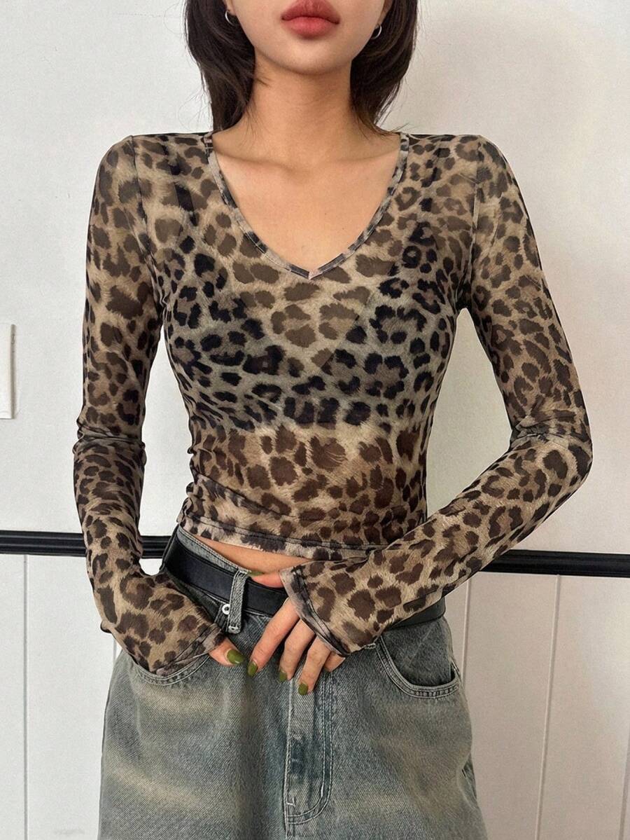 DAZY Áo thun dài tay lưới in họa tiết da báo dành cho nữ - màu nâu - Xem 1